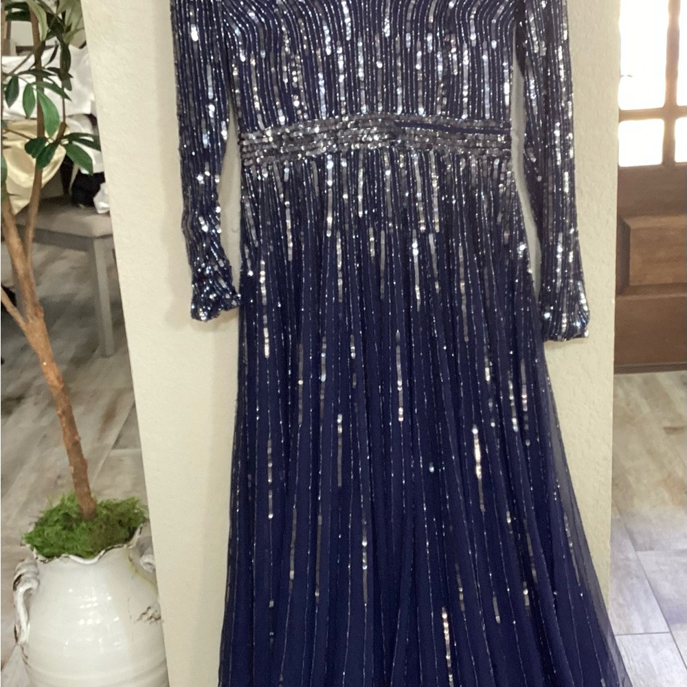 Mac Duggal Navy and Silver Sequin Long Sleeve Gown #Mother of the Groom - Picture 3 of 8